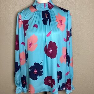 Tucker Silk Floral Blouse Womens Small Turquoise Smocked Mock Neck Ruffle Cuff